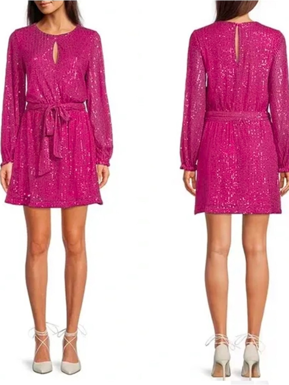 LTD Irma Sequin Long-Sleeve Tie-Waist Mini Dress in Fuchsia